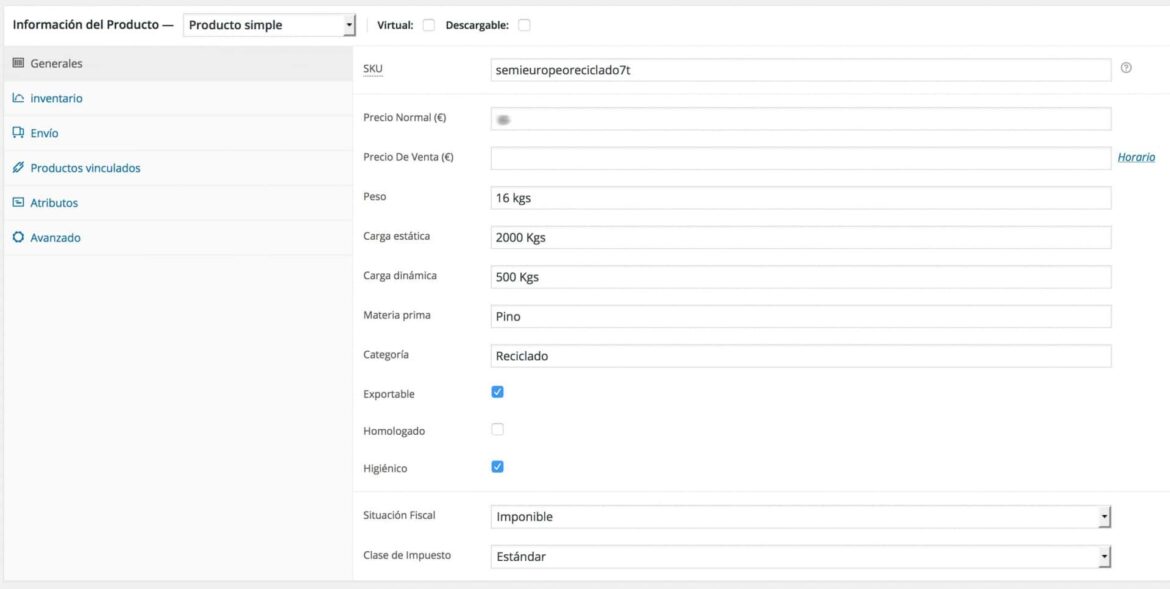 Campos personalizados en la página de configuración de producto